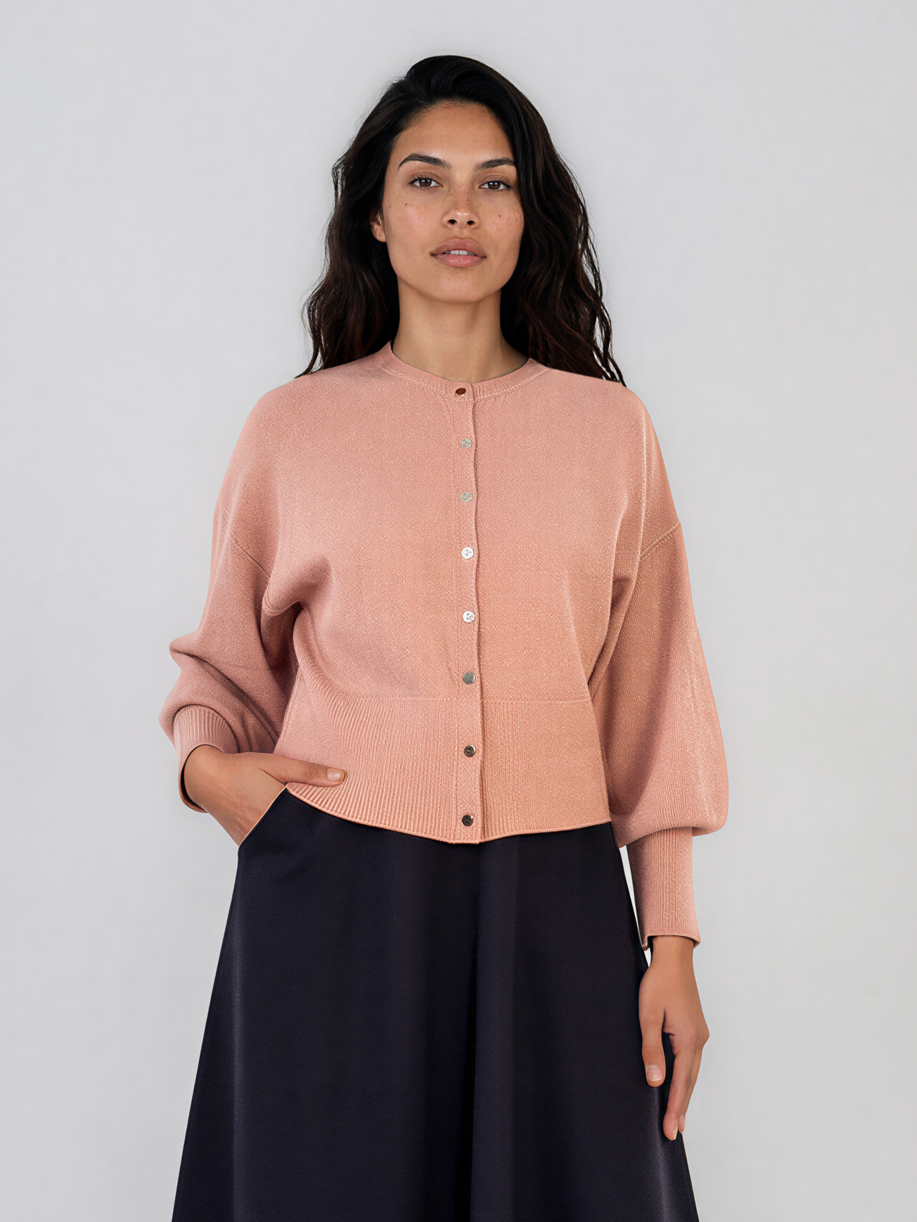 Jachetă din tricot cu nasturi şi mâneci bufante roz PN119