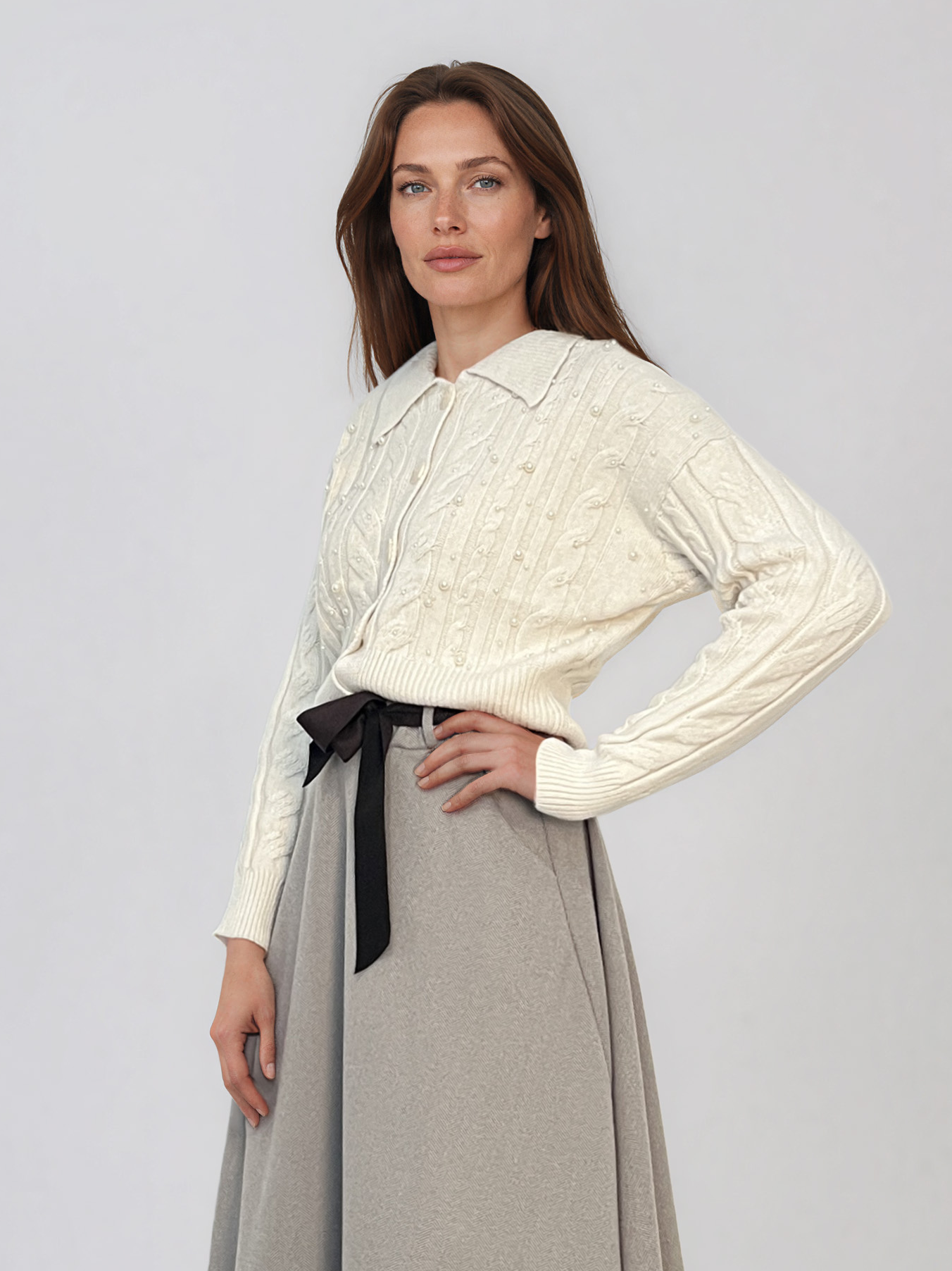 Jachetă din tricot împletit cu guler alb PN122