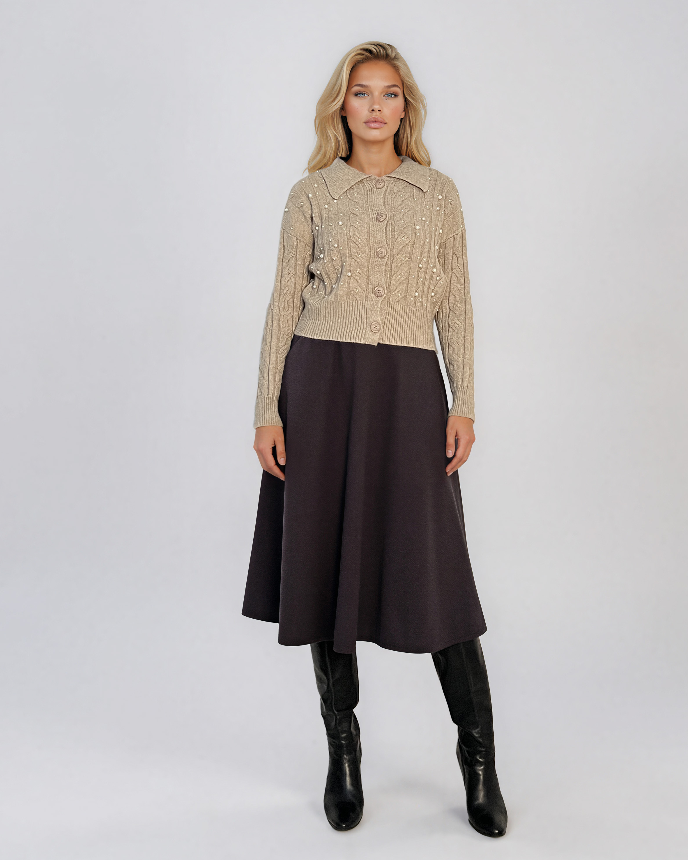 Jachetă din tricot împletit cu guler beige PN122