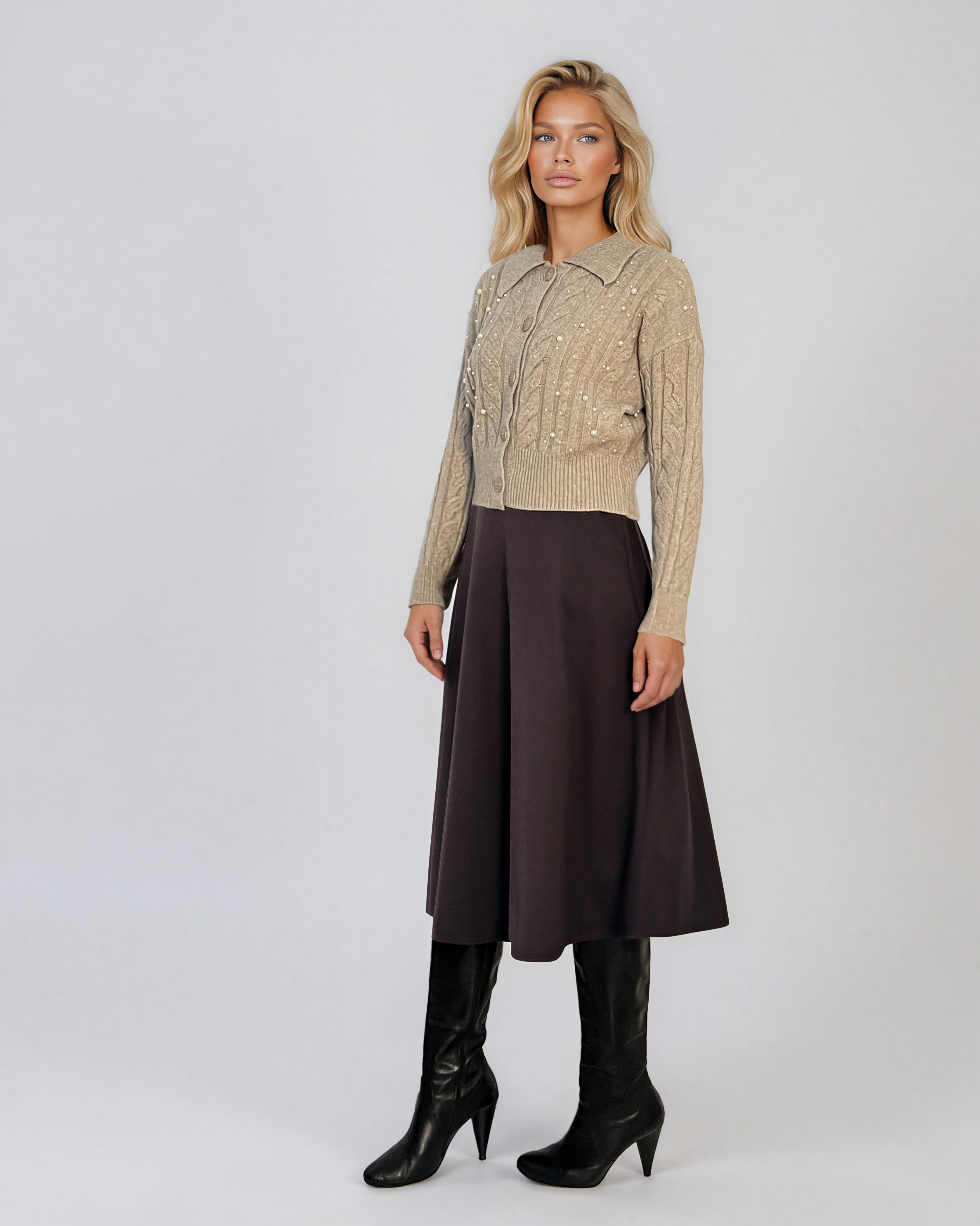Jachetă din tricot împletit cu guler beige PN122
