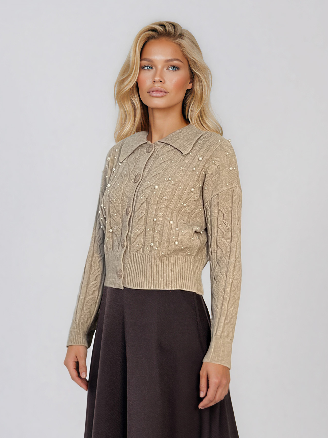 Jachetă din tricot împletit cu guler beige PN122
