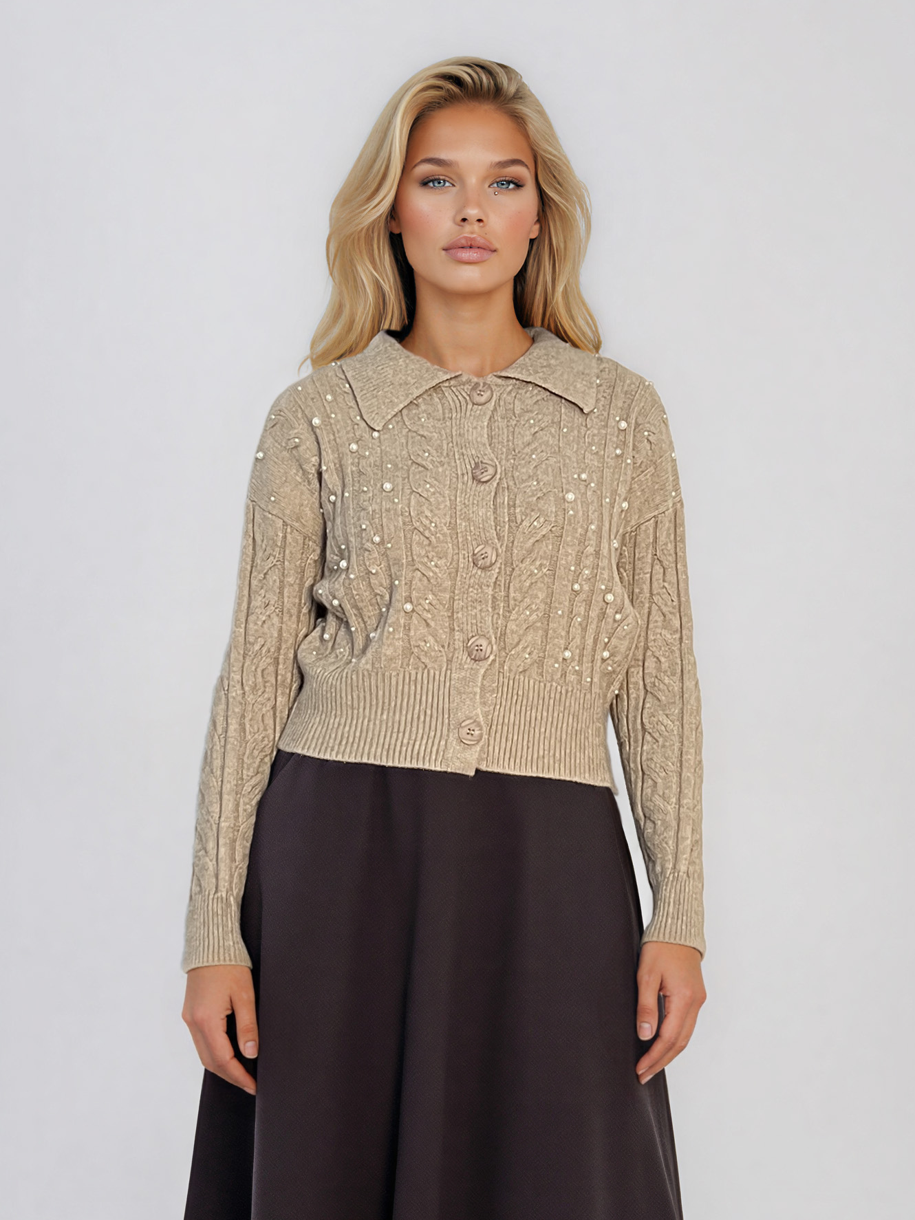 Jachetă din tricot împletit cu guler beige PN122