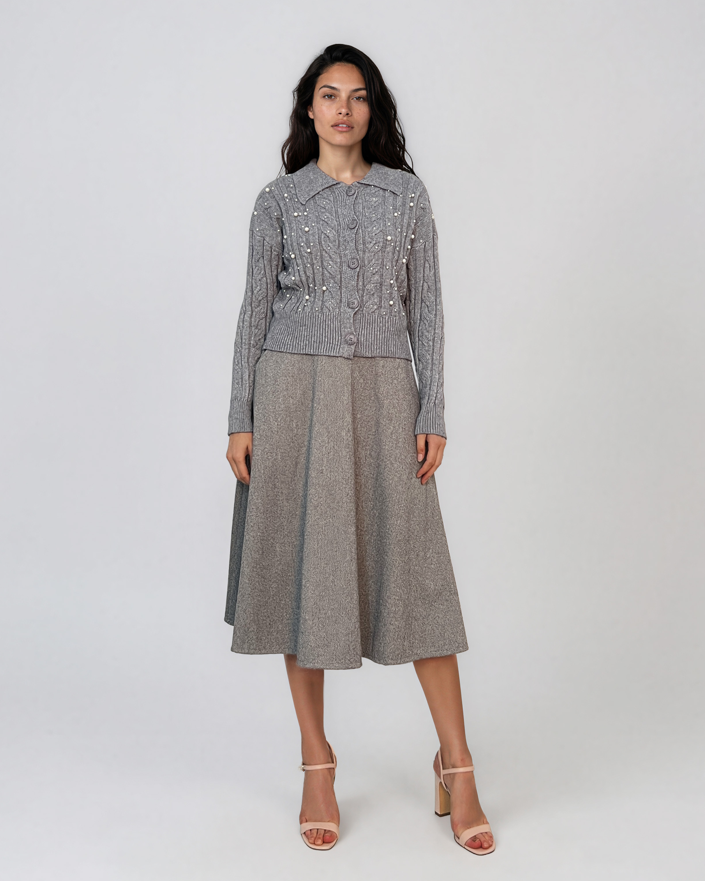 Jachetă din tricot împletit cu guler gri PN122