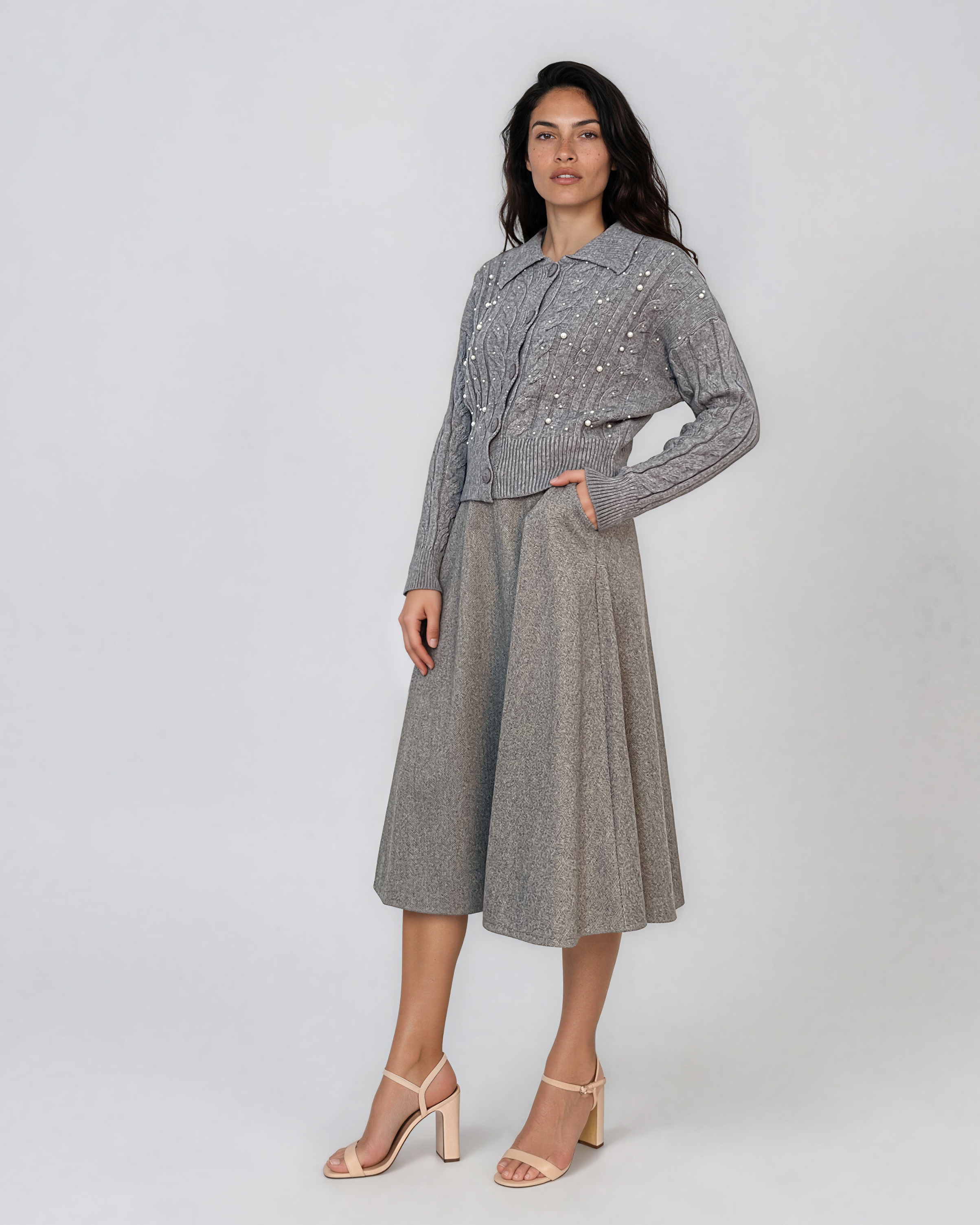 Jachetă din tricot împletit cu guler gri PN122