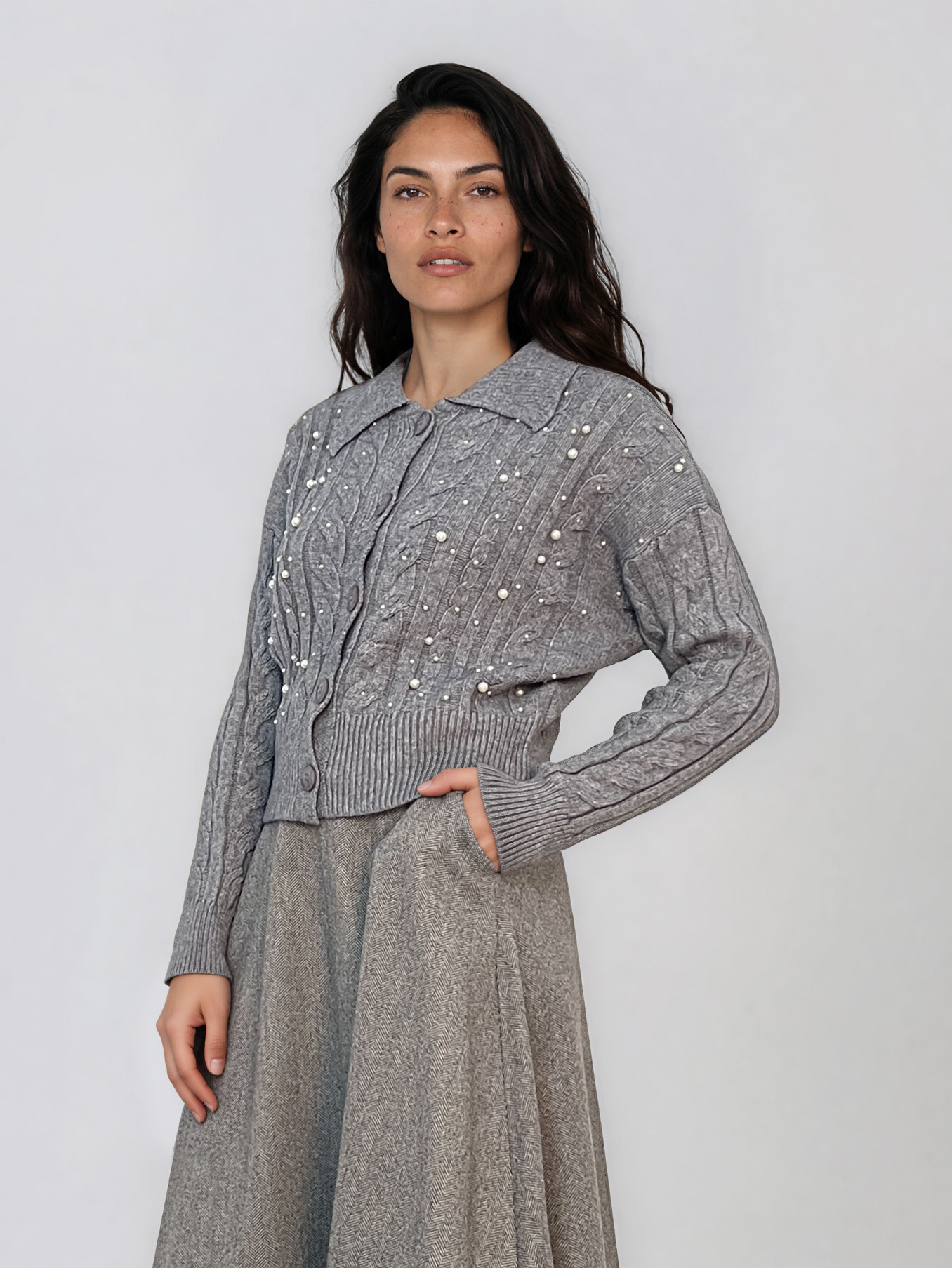 Jachetă din tricot împletit cu guler gri PN122