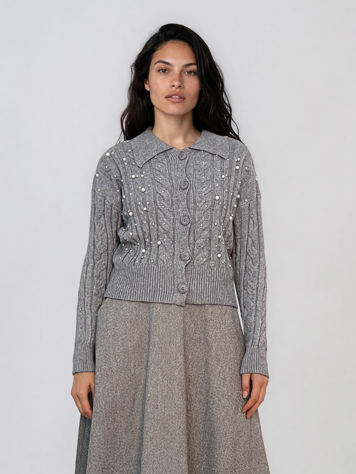 Jachetă din tricot împletit cu guler gri PN122