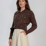 Jachetă din tricot împletit cu guler maro PN122