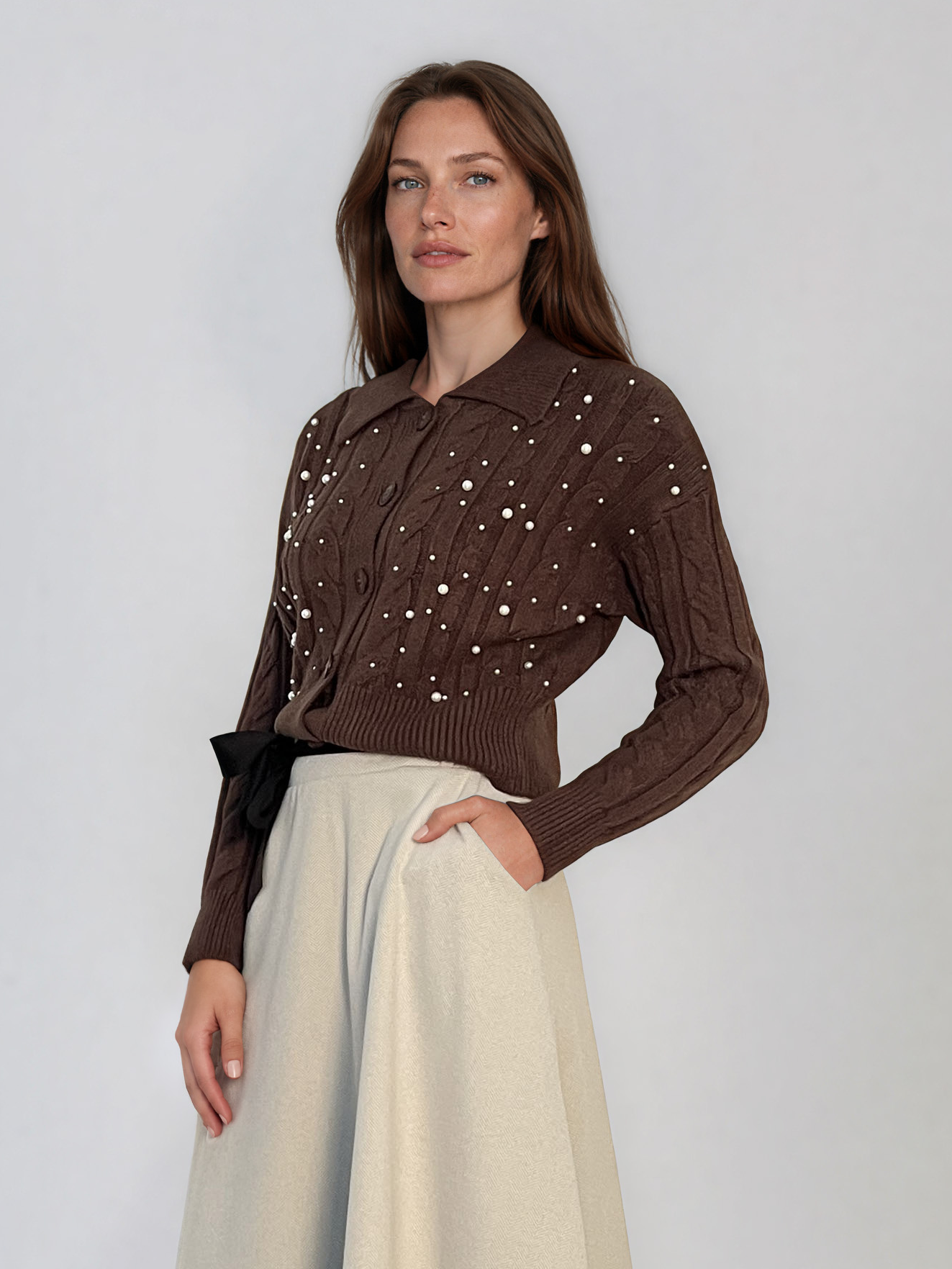 Jachetă din tricot împletit cu guler maro PN122