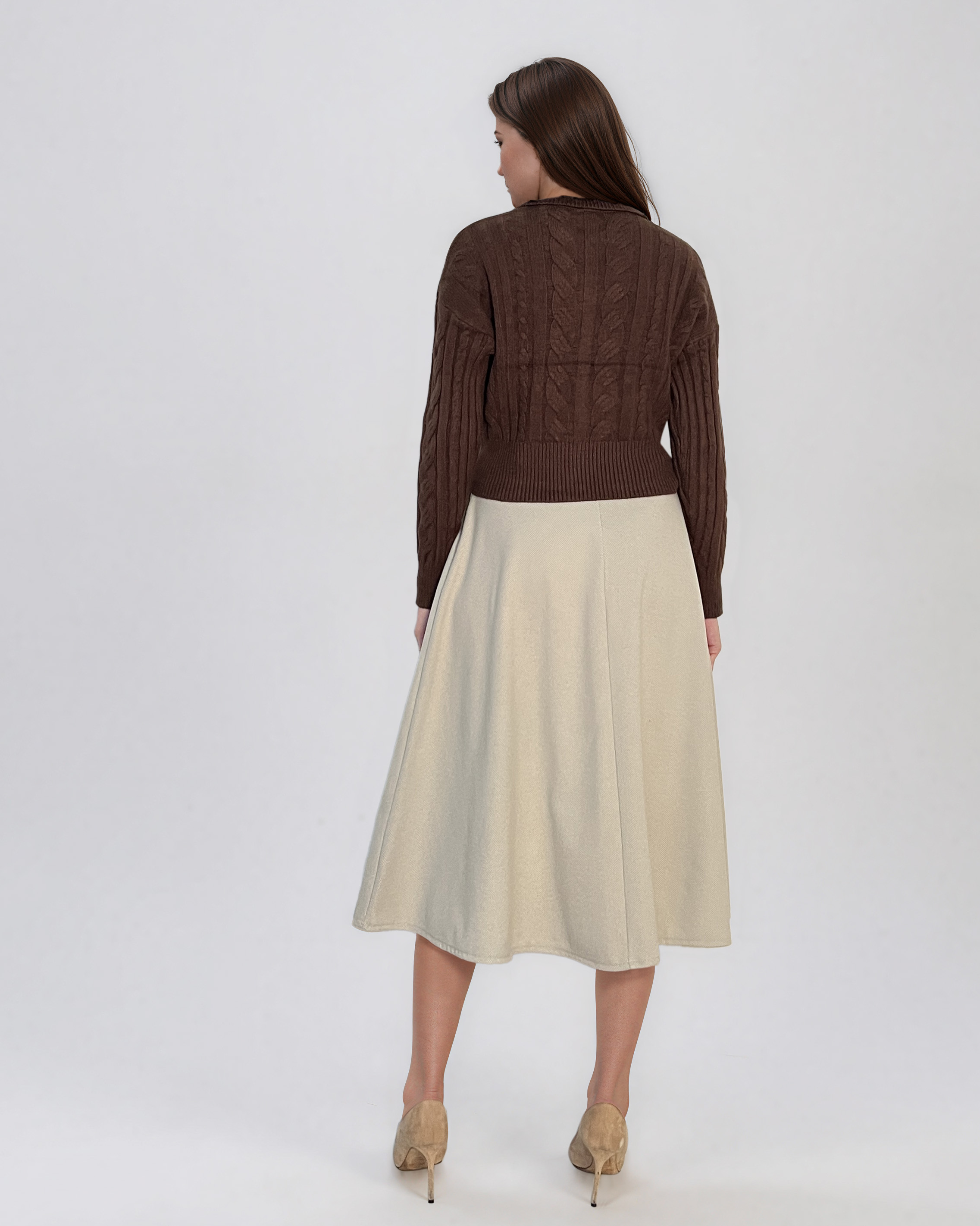 Jachetă din tricot împletit cu guler maro PN122