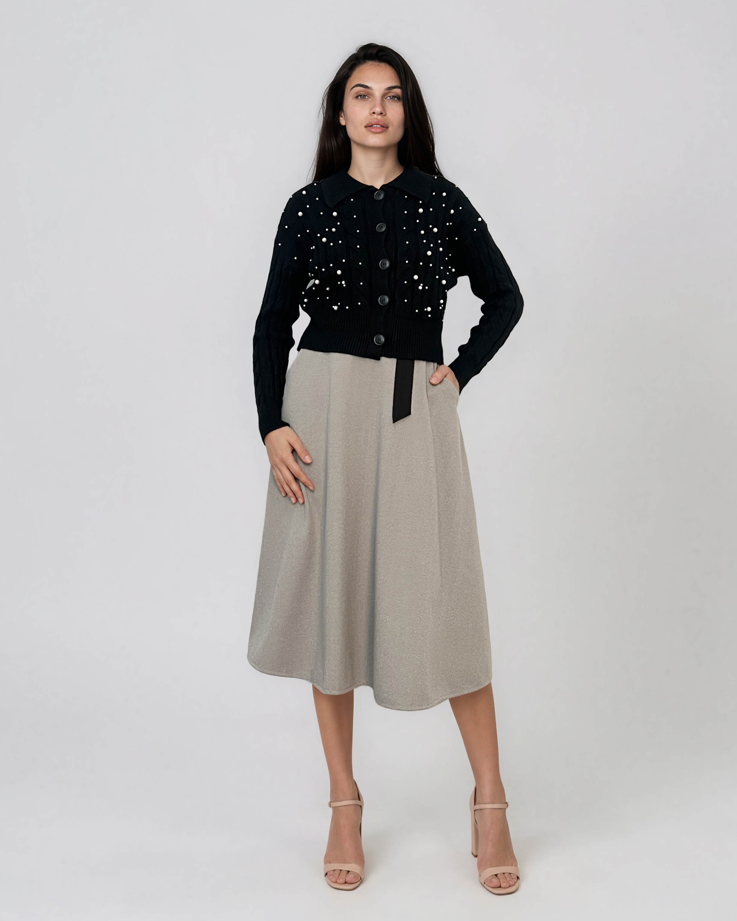 Jachetă din tricot împletit cu guler negru PN122