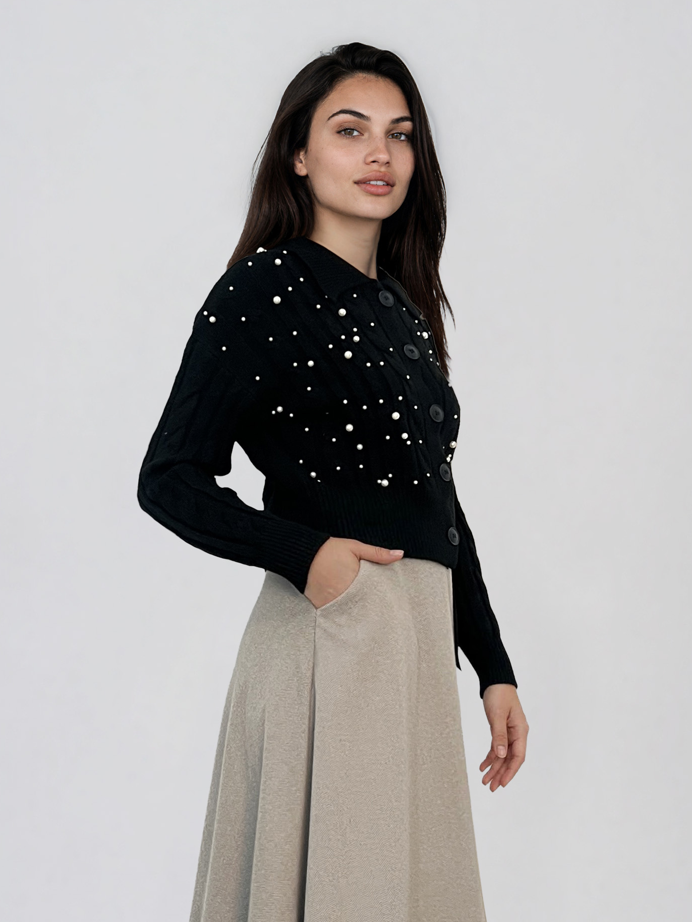 Jachetă din tricot împletit cu guler negru PN122