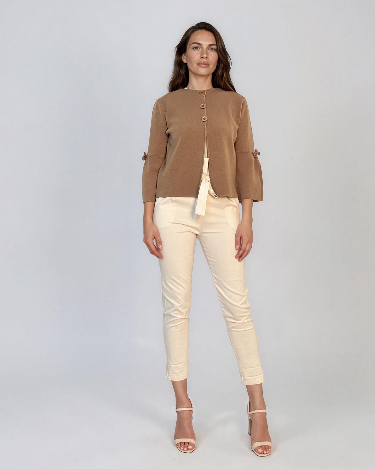 Jachetă lejeră cu mânecă clopot și fundiță beige DY722