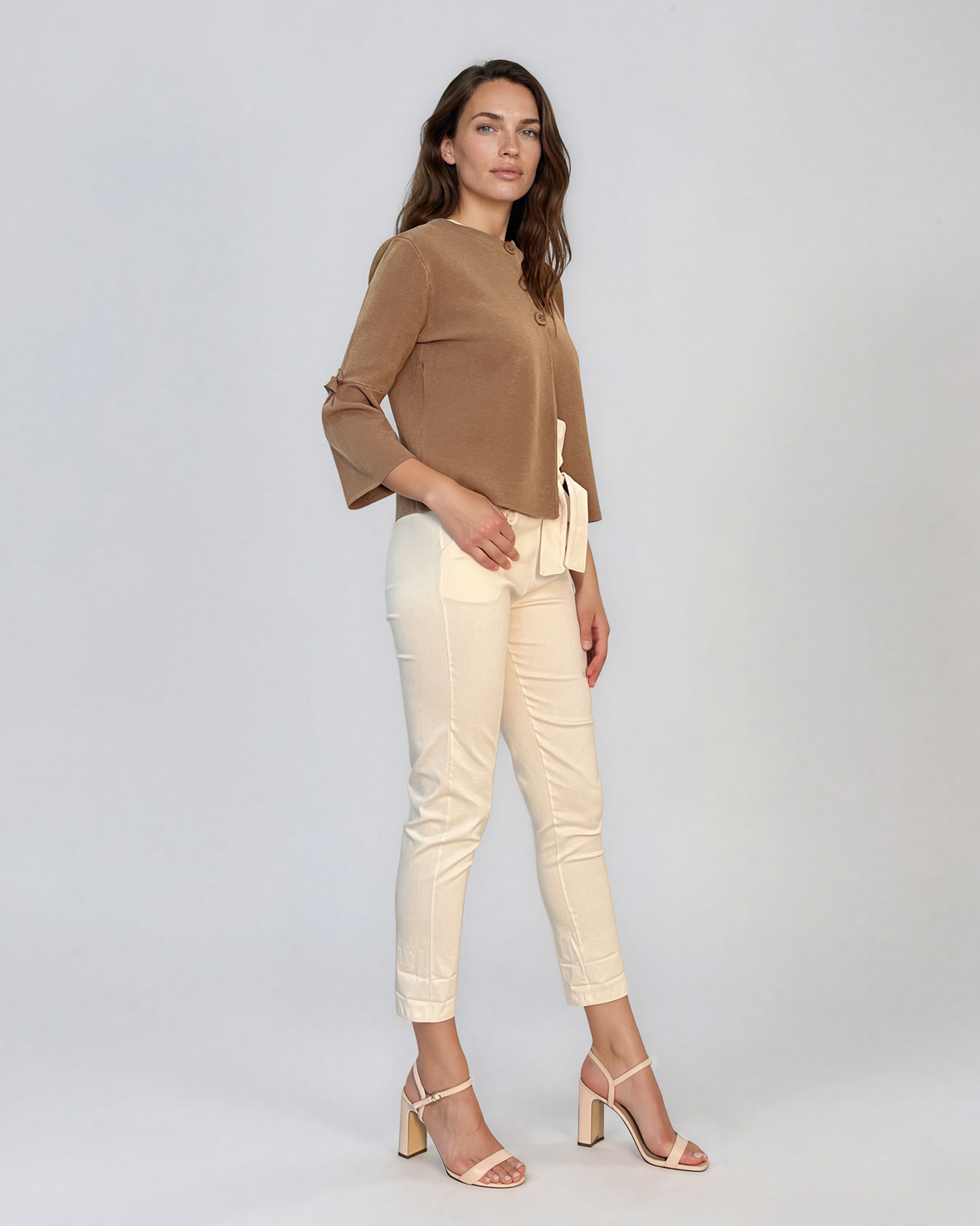 Jachetă lejeră cu mânecă clopot și fundiță beige DY722