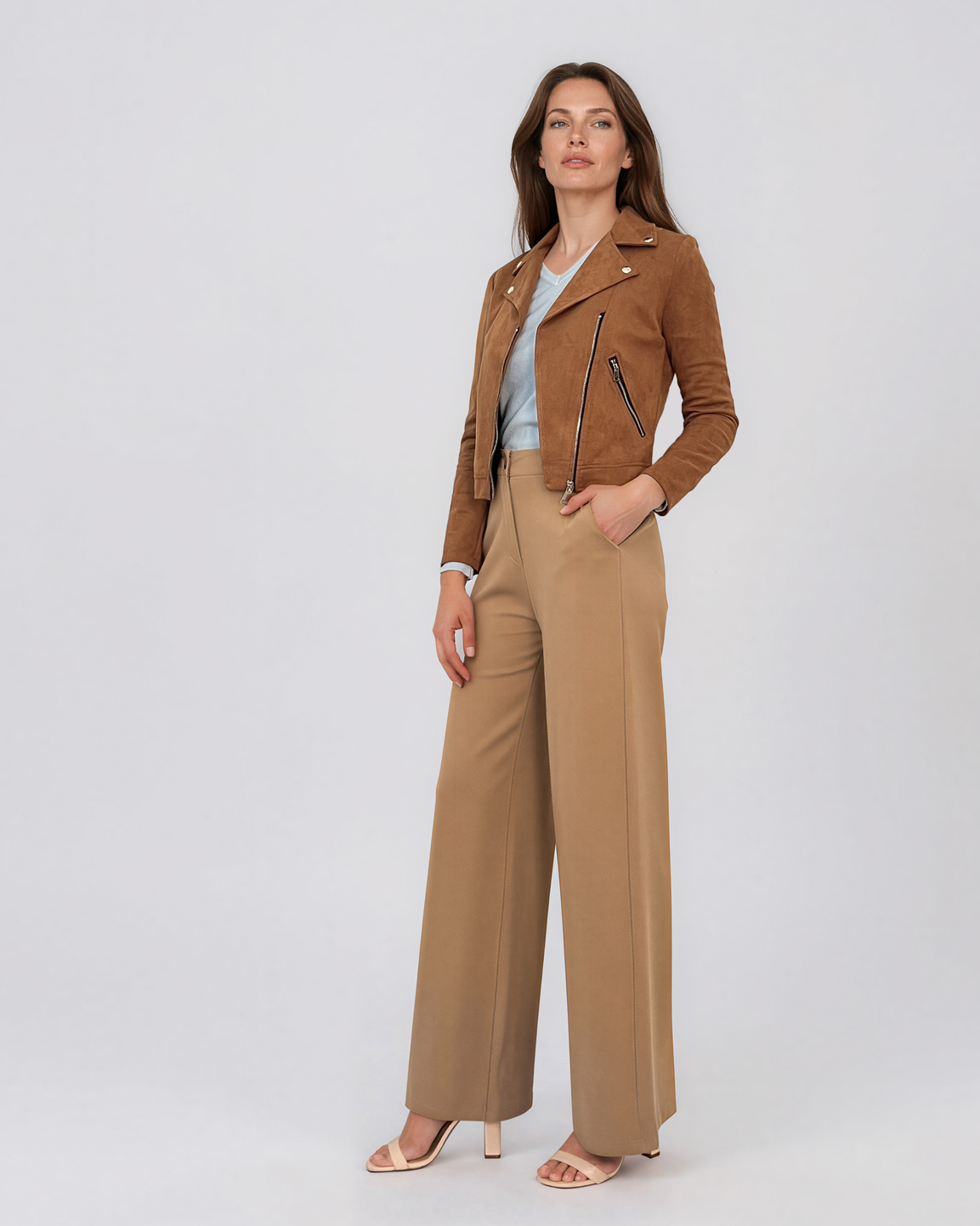 Jachetă scurtă  cu fermoare la buzunare camel HL231