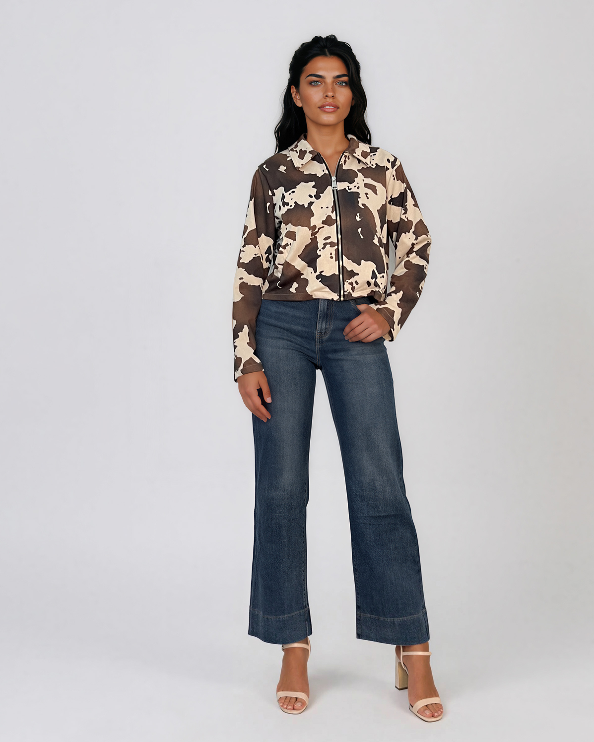 Jachetă scurtă cu guler tip cămașă animal print kaki HL224