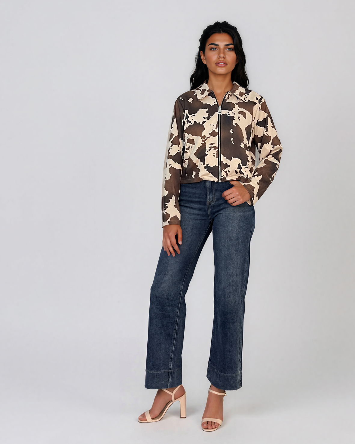 Jachetă scurtă cu guler tip cămașă animal print kaki HL224