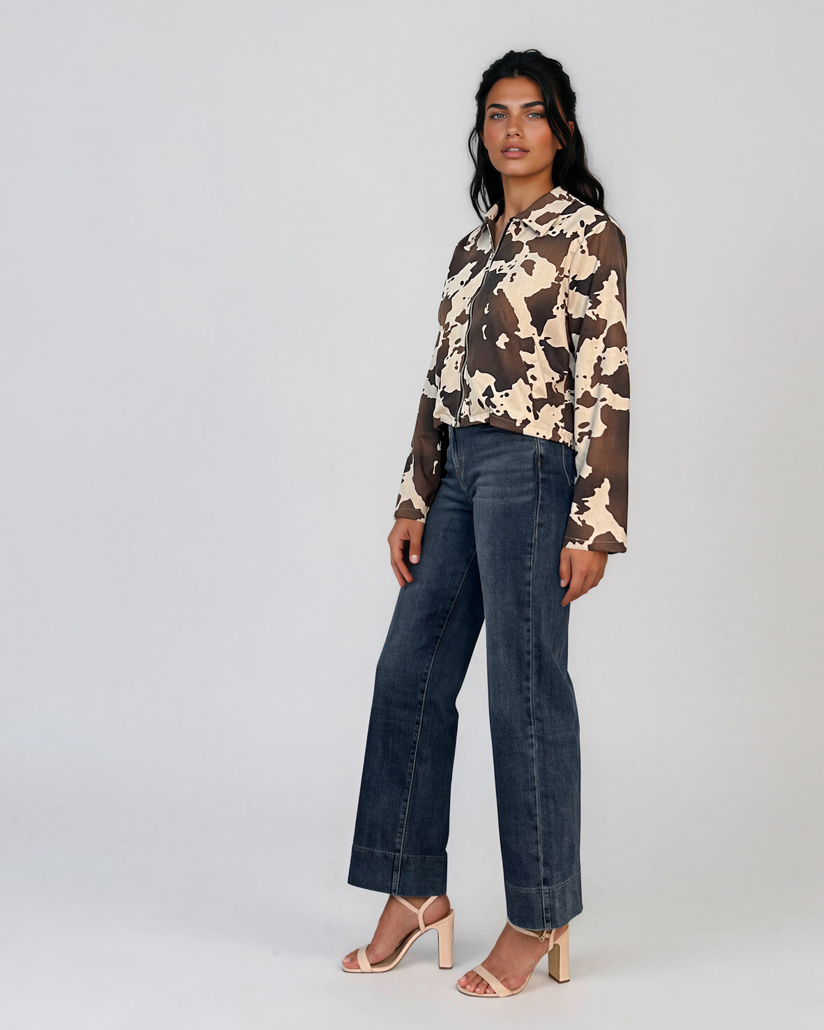 Jachetă scurtă cu guler tip cămașă animal print kaki HL224