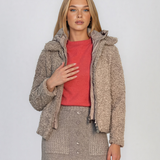 Jachetă scurtă din blană artificială cu glugă beige PN154
