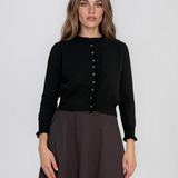 Jachetă scurtă din tricot cu nasturi şi volănaşe negru PN116