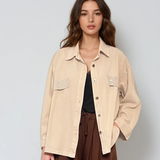 Jachetă stil jeans cu paiete pe buzunare crem 