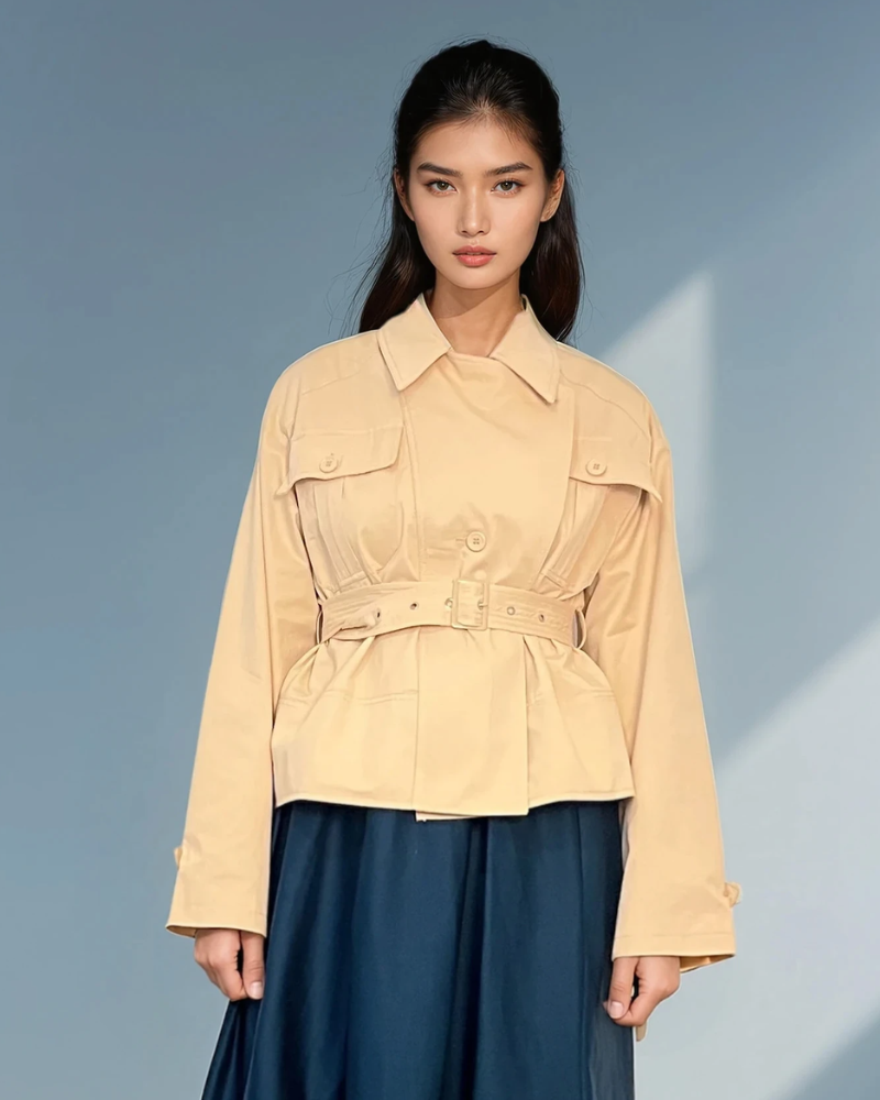 Jachetă tip trench cu cordon în talie beige HL048