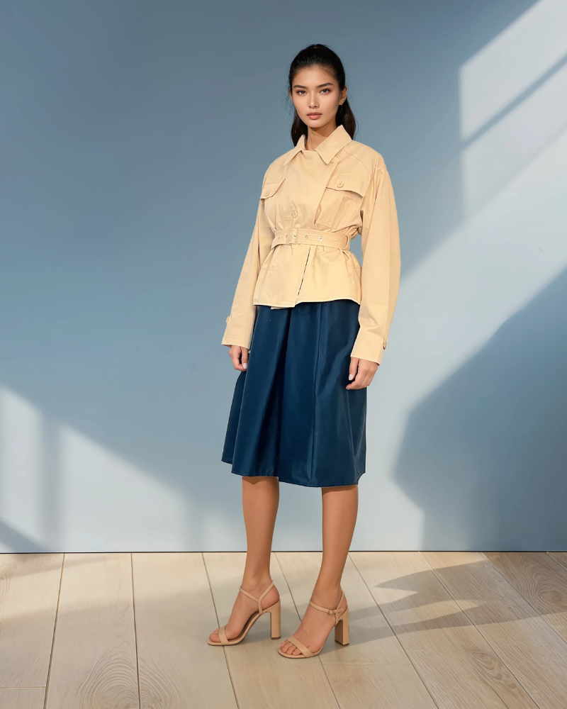 Jachetă tip trench cu cordon în talie beige HL048