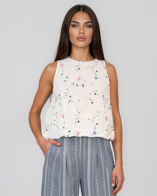 Maiou bufant cu broderie colorată alb-roz HL118