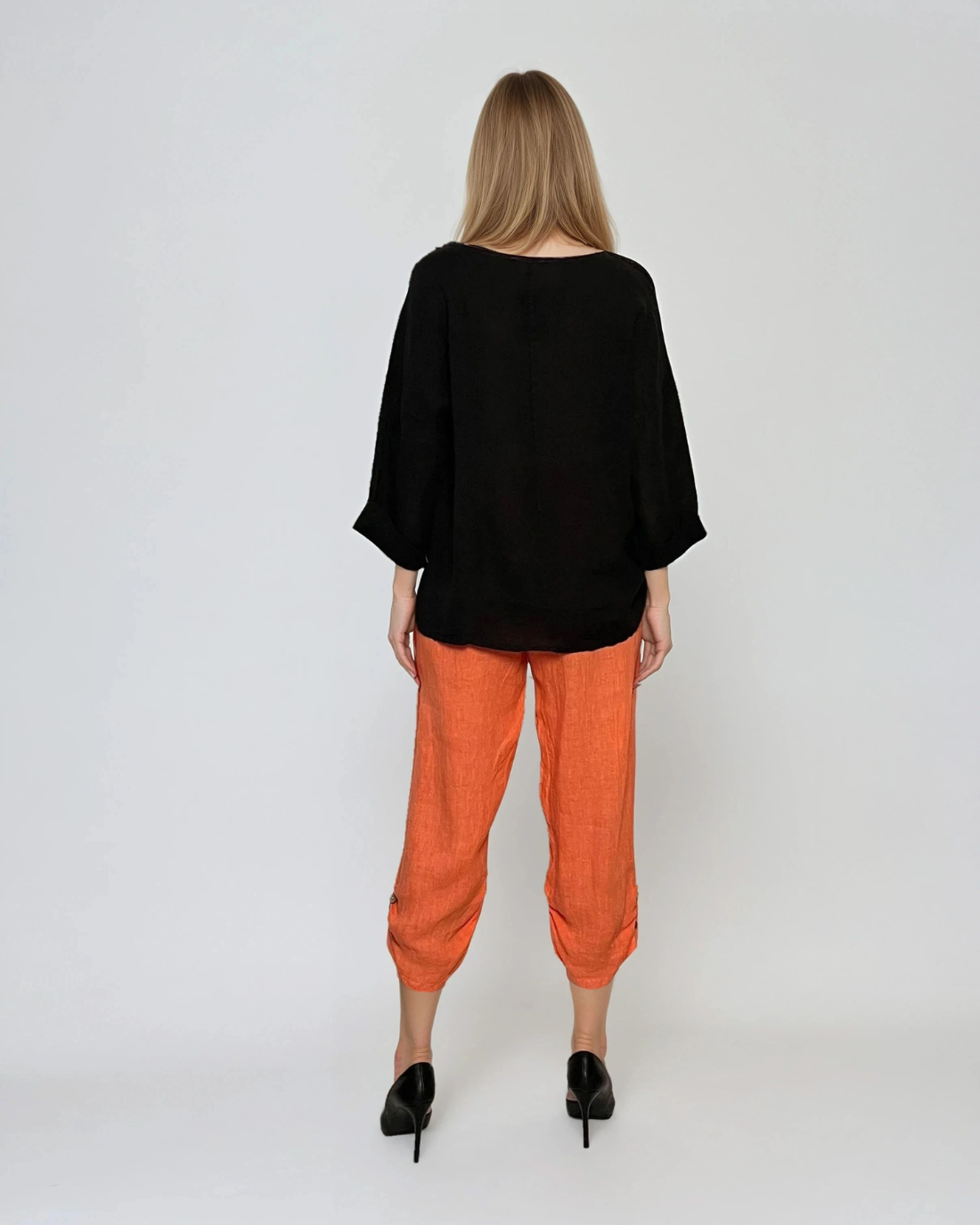 Pantaloni 3/4 din in cu buzunare și nasturi decorativi portocaliu 