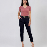 Pantaloni conici eleganți cu manșetă și curea bleumarin HL237