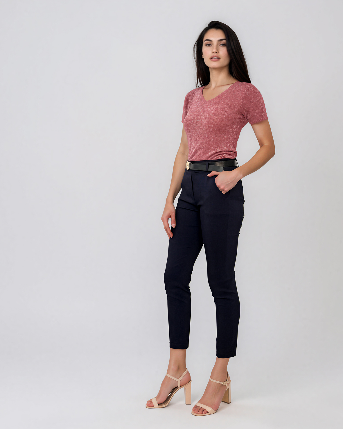 Pantaloni conici eleganți cu manșetă și curea bleumarin HL237