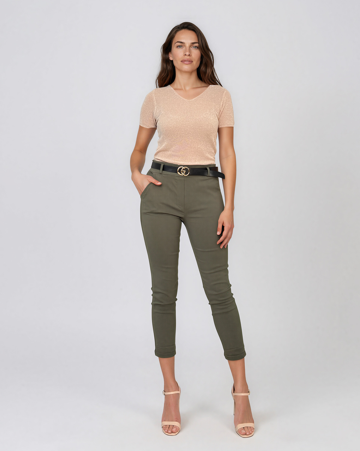 Pantaloni conici eleganți cu manșetă și curea kaki HL237