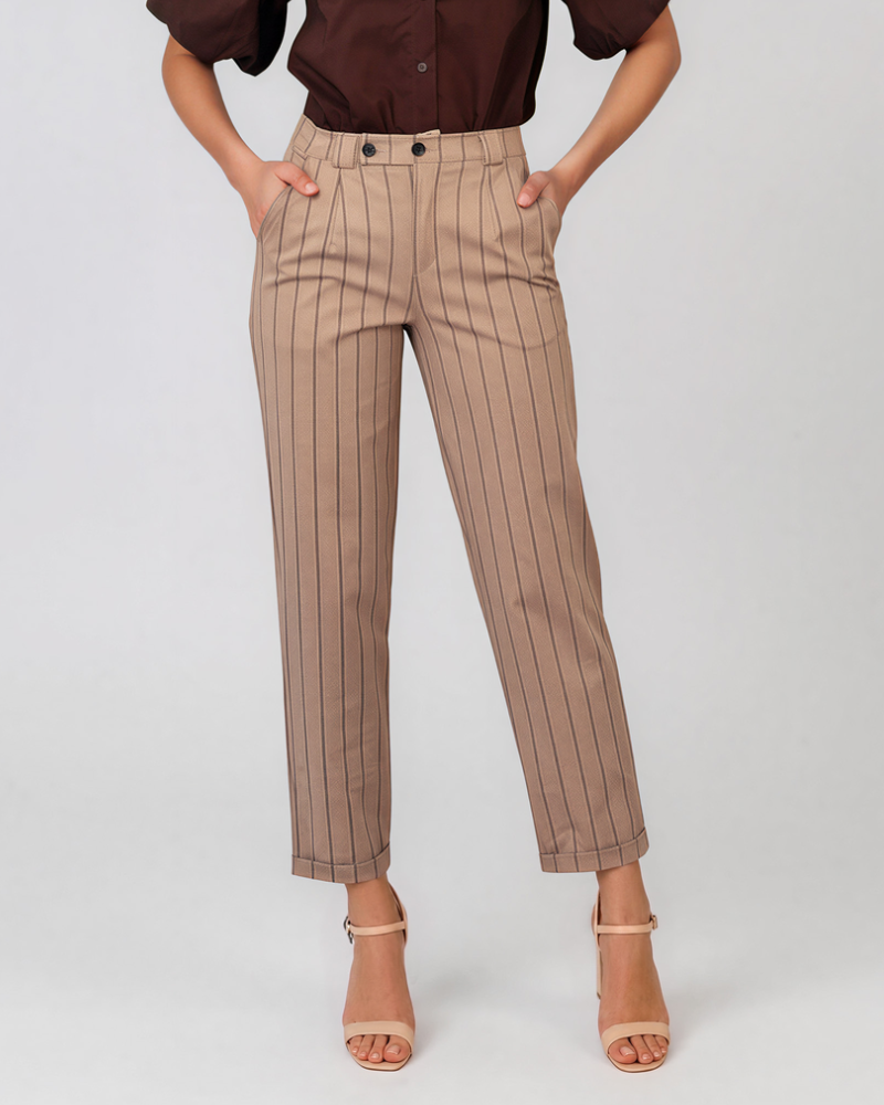 Pantaloni cu dungi și manșetă beige HL084