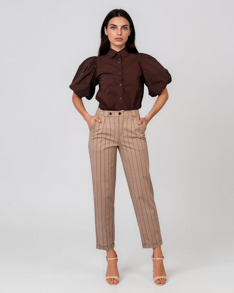 Pantaloni cu dungi și manșetă beige HL084