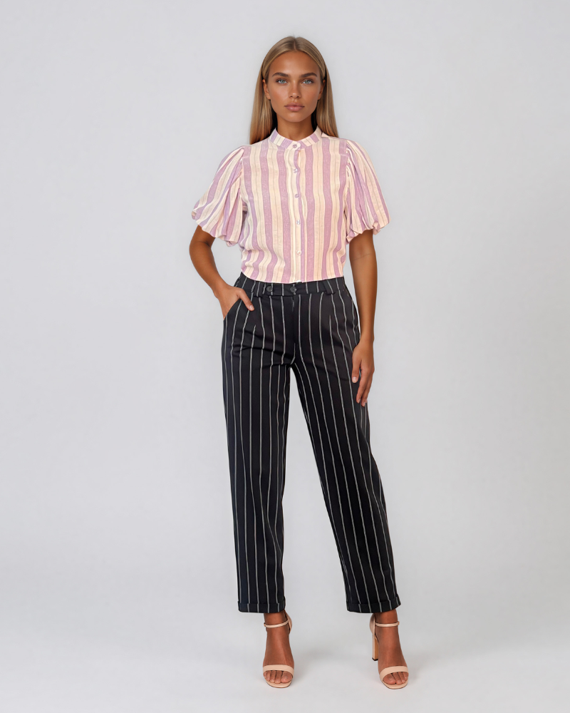 Pantaloni cu dungi și manșetă negru HL084