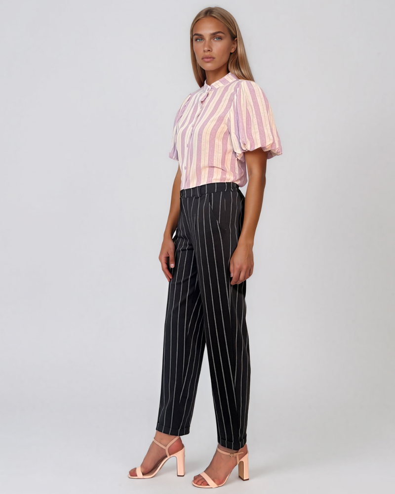 Pantaloni cu dungi și manșetă negru HL084