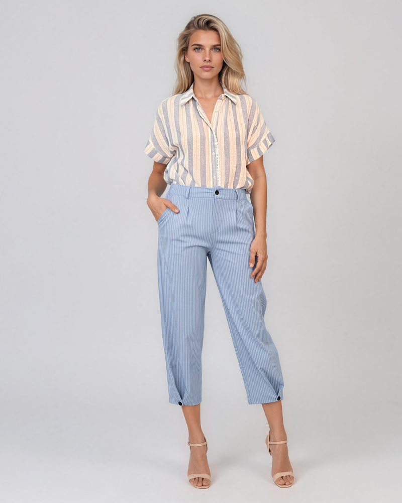 Pantaloni cu dungi și nasturi decorativi bleu HL083