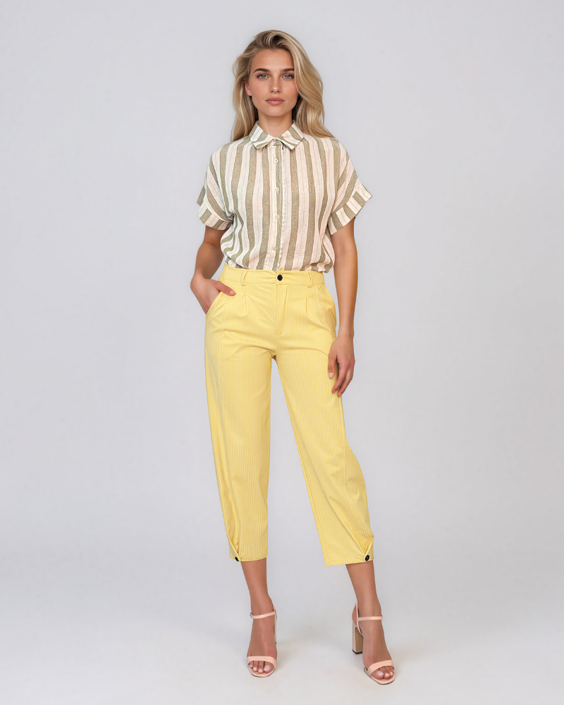 Pantaloni cu dungi și nasturi decorativi galben HL083