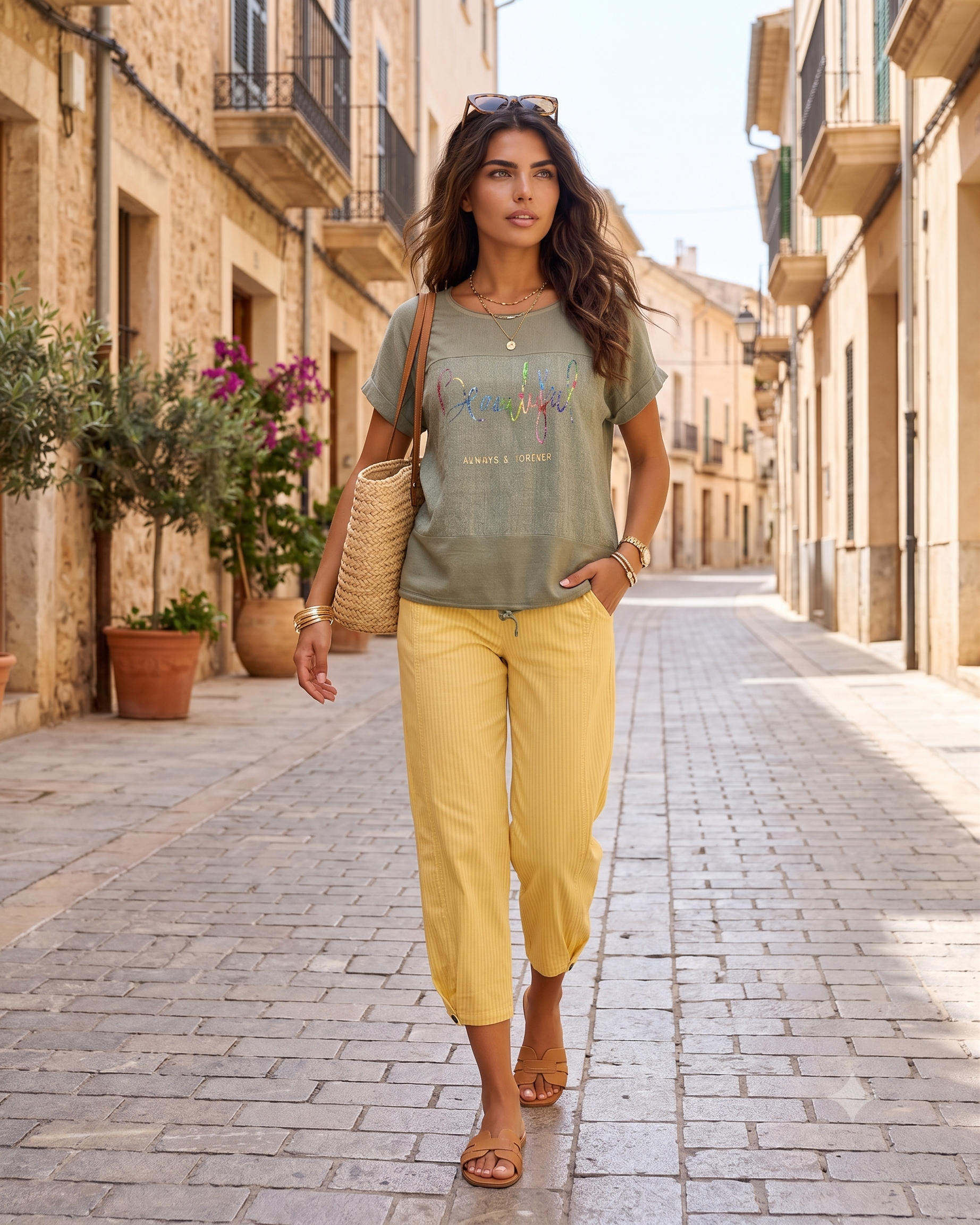 Pantaloni cu dungi și nasturi decorativi galben HL083