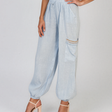 Pantaloni din in cu buzunare laterale și franjuri bleu PN008