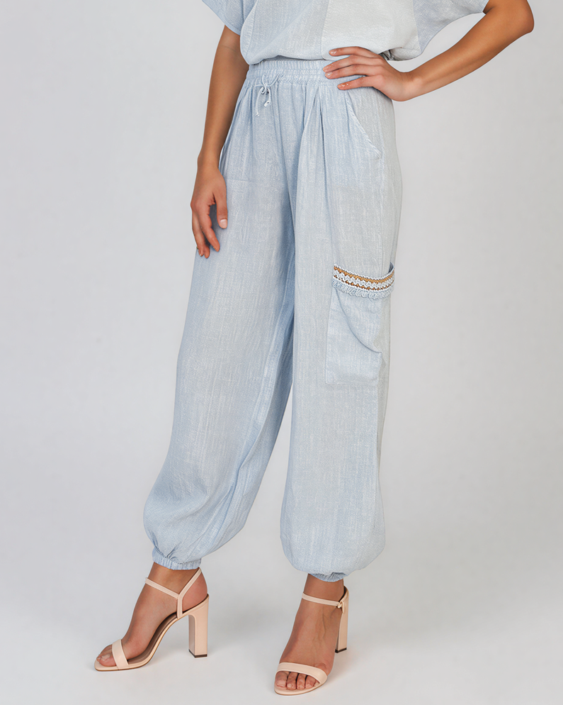 Pantaloni din in cu buzunare laterale și franjuri bleu PN008