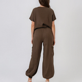 Pantaloni din in cu buzunare laterale și franjuri maro PN008