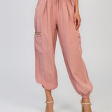 Pantaloni din in cu buzunare laterale și franjuri roz PN008