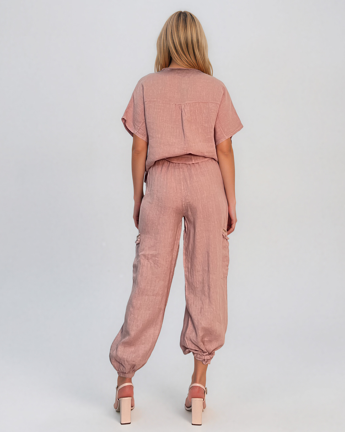 Pantaloni din in cu buzunare laterale și franjuri roz PN008