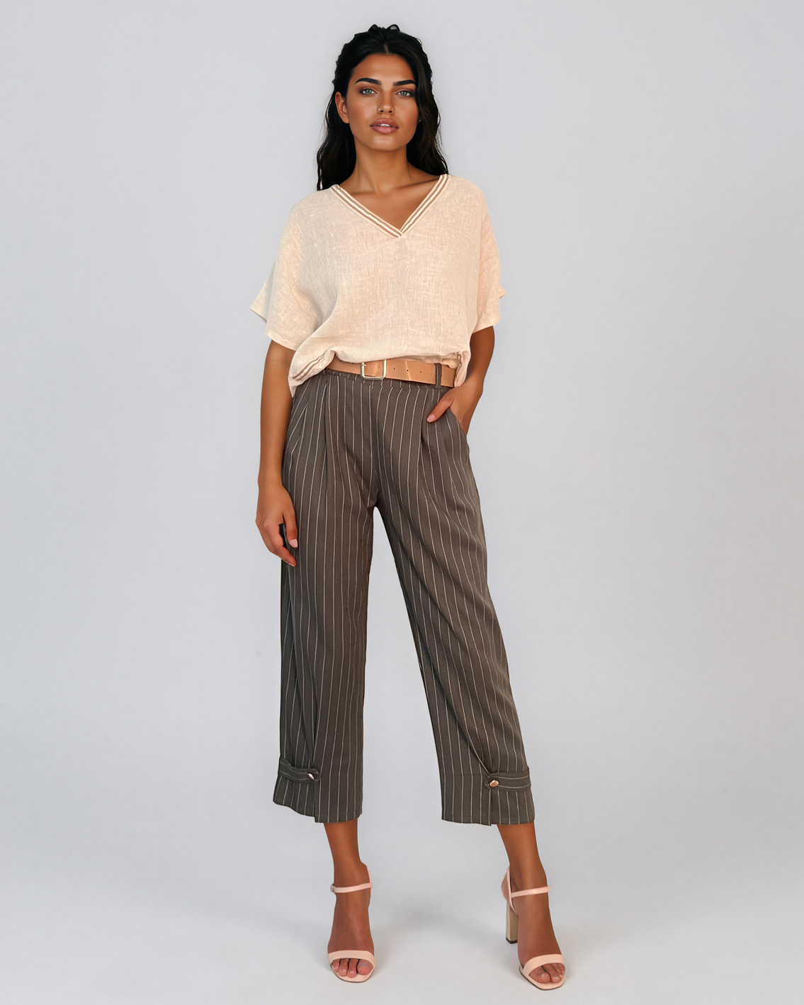 Pantaloni din in cu dungi și nasture decorativ kaki HL135