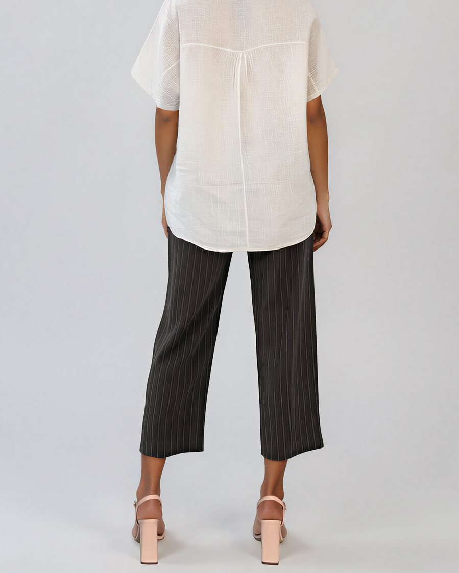 Pantaloni din in cu dungi și nasture decorativ kaki HL135