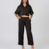 Pantaloni din in cu dungi și nasture decorativ negru HL135