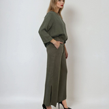 Pantaloni din in evazați cu 4 nasturi și buzunare kaki 