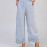 Pantaloni din in largi cu broderie jos bleu PN009