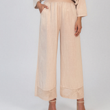Pantaloni din in largi cu broderie jos crem PN009