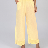 Pantaloni din in largi cu broderie jos galben PN009
